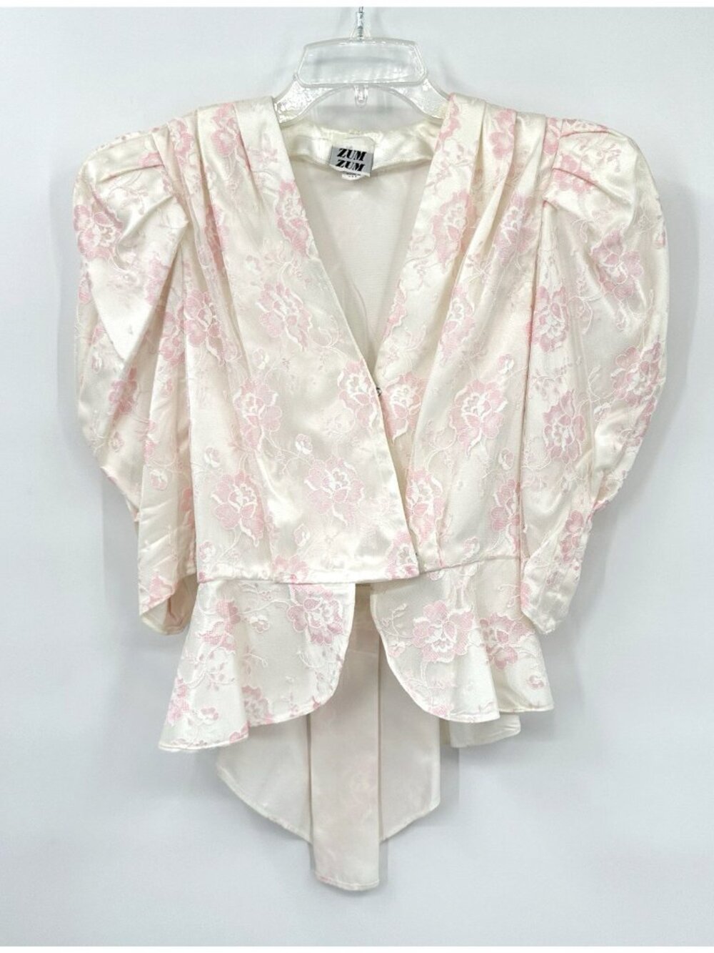 vintage 80s COQUETTE FLORAL BLOUSE XS victorian puff shoulders pink peplum retro - Picture 2 of 11
